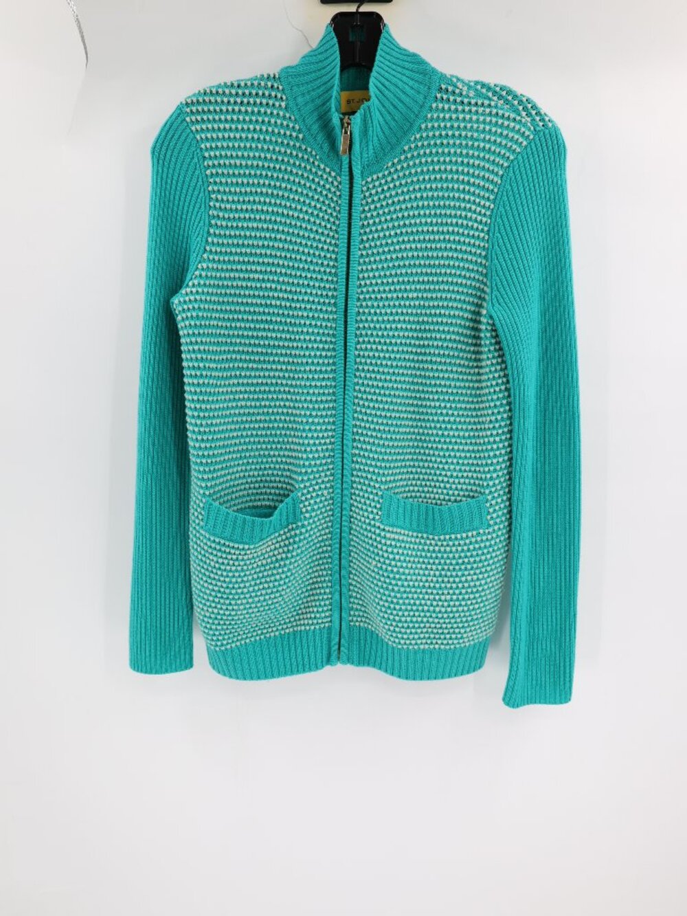 St John Sweater Womens P Mock Neck Zipped Wool Pockets Long Sleeve Knit Cardigan